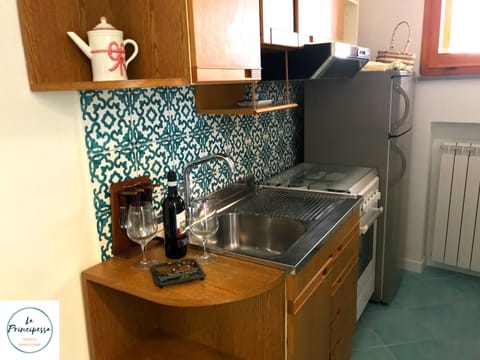 Fridge, coffee/tea maker, electric kettle, cookware/dishes/utensils