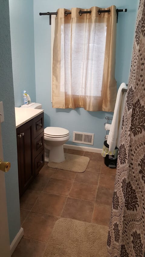 Combined shower/tub, hair dryer, towels, shampoo