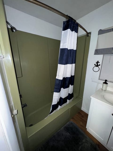 Combined shower/tub, hair dryer, towels