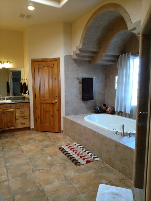 Combined shower/tub, jetted tub, hair dryer, towels