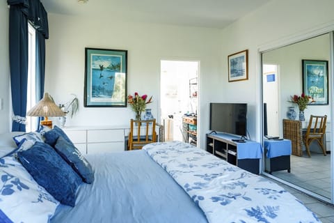 VIEW OF KITCHEN, DESK AND TV AREA