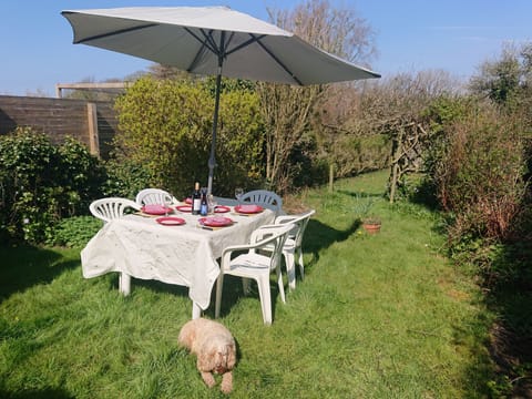 Dining table seats six and Parasol. Sit at the top or bottom of the garden.