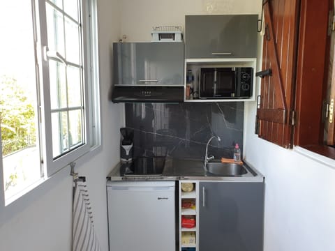 Fridge, microwave, stovetop, coffee/tea maker