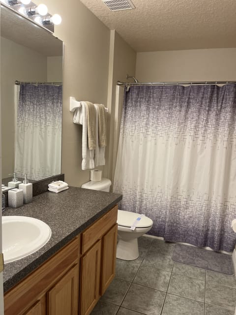 Combined shower/tub, hair dryer, towels, soap