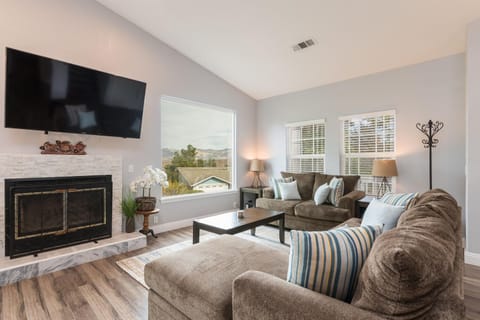 Living room w/ wood burning fireplace