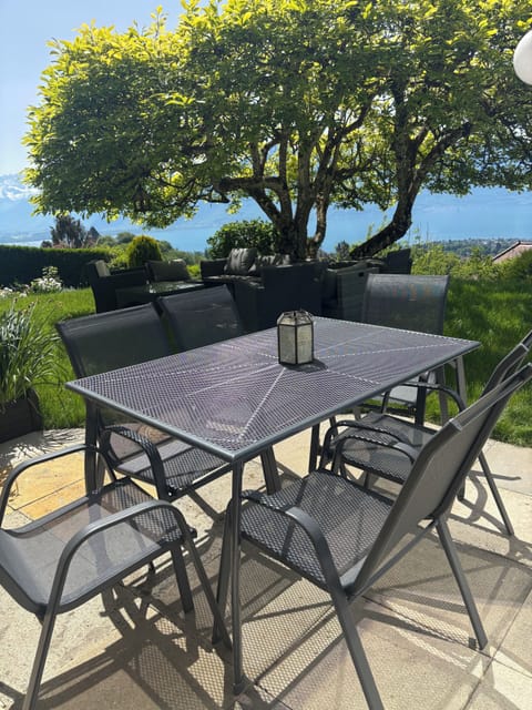 Outside eating area with gas barbecue