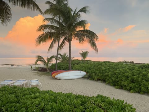 On the beach, sun loungers, beach towels