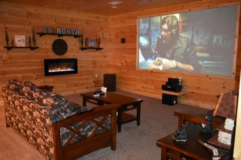 Smart TV, fireplace, video games, DVD player