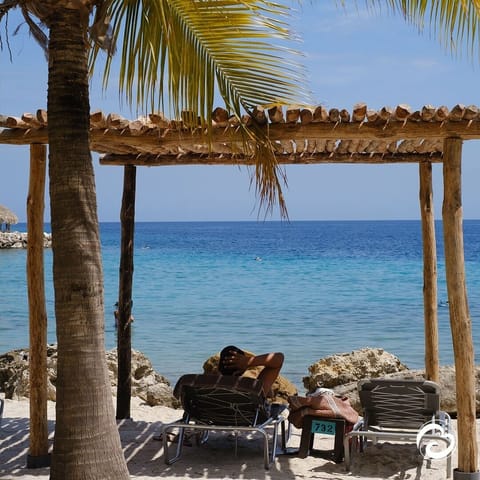 On the beach, sun loungers, beach umbrellas, beach towels