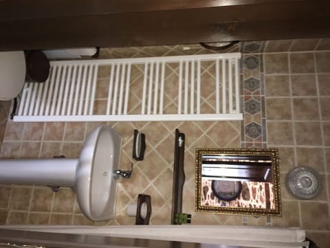 Combined shower/tub, hair dryer, towels