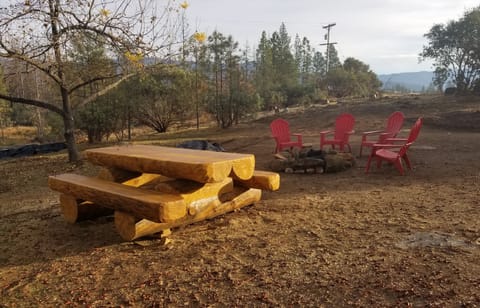 Fire pit and picnic table hand crafted from the trees of the retreat.