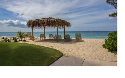 On the beach, sun loungers, beach towels