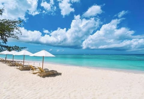 On the beach, sun loungers, beach towels