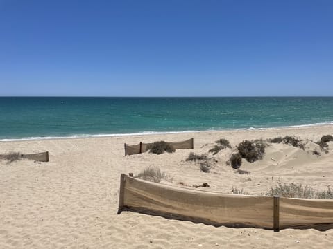 On the beach, sun loungers