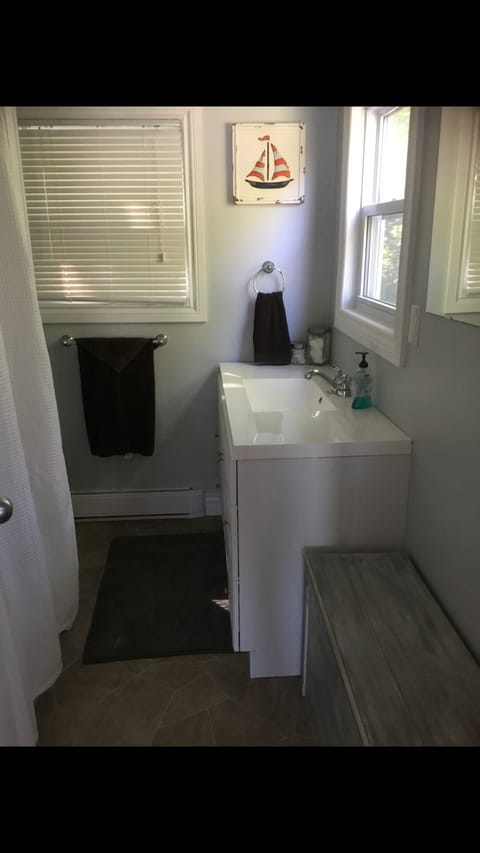 Combined shower/tub, hair dryer, towels, soap