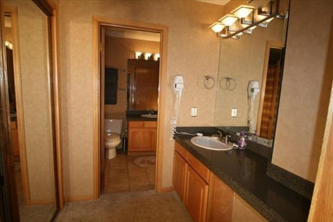 Combined shower/tub, hair dryer, towels, soap