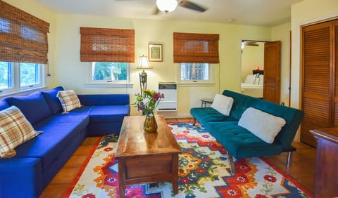 Blue Sofa-Bed (left, queen), Green Sofa-Bed (right, full), bedroom (rear, right)