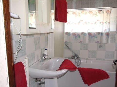 Combined shower/tub, hair dryer, towels, soap