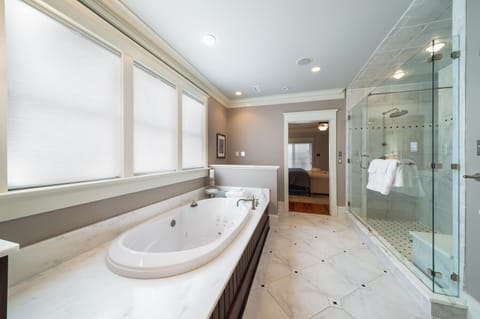 Combined shower/tub, jetted tub, hair dryer, towels