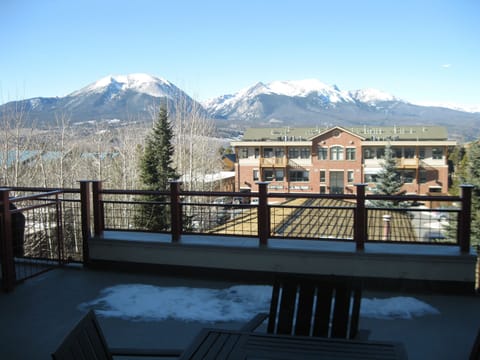 View of the patio and Gore Mountain Range from the downstairs living area