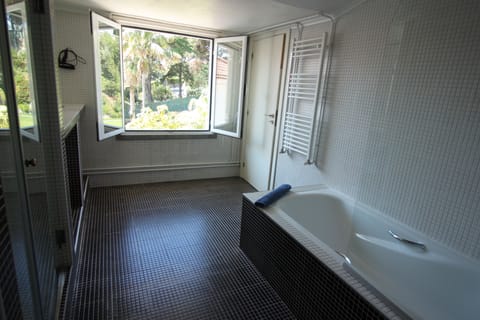 Combined shower/tub, hair dryer, towels