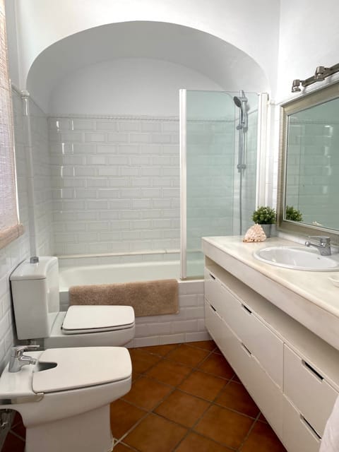 Combined shower/tub, hair dryer, bidet, towels