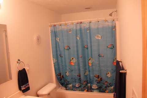 Combined shower/tub, towels, toilet paper