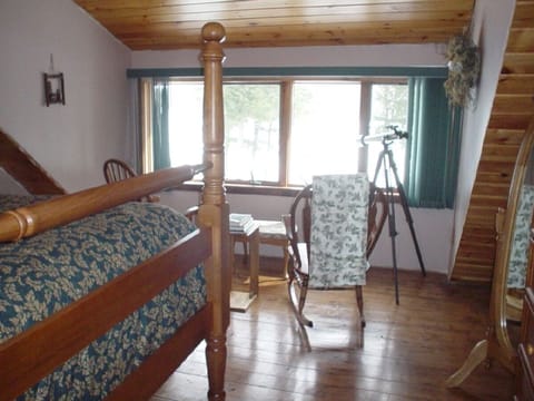 Really high queen bed overlooks Silver Lake in the loft master BR.