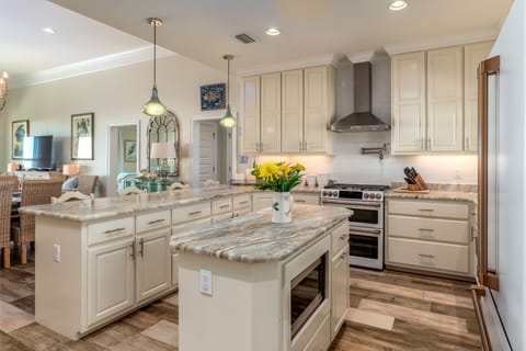 marble counters, plenty of cabinets. Fully stocked