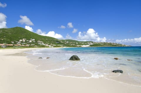 On the beach, sun loungers, beach towels