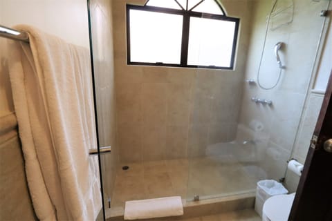 Combined shower/tub, hair dryer, towels, shampoo