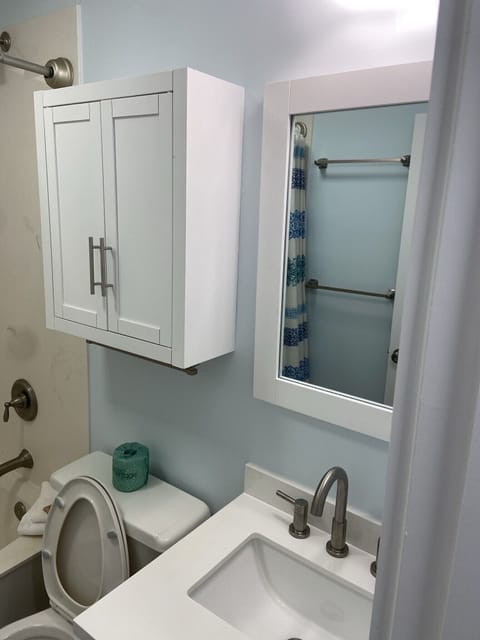 Combined shower/tub, hair dryer, towels, shampoo