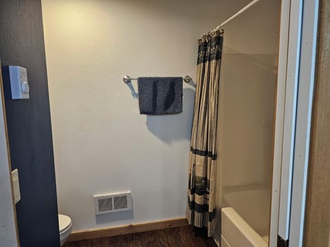 Combined shower/tub, towels, soap, toilet paper