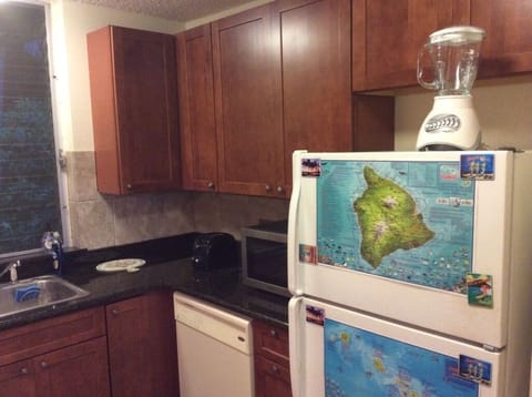 Kitchen and new fridge.