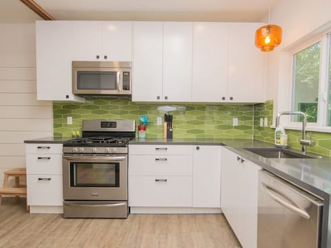 Gas stove, microwave, ice maker, DW and all basic cooking supplies are here.