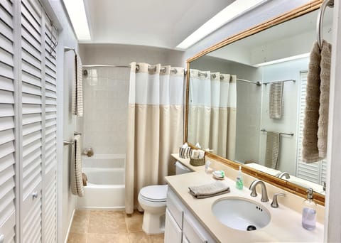 Combined shower/tub, hair dryer, towels, soap