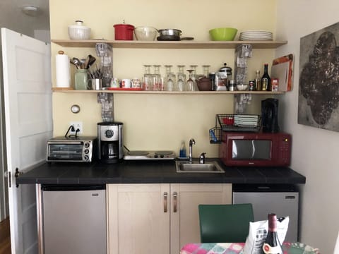 Fridge, microwave, coffee/tea maker, electric kettle