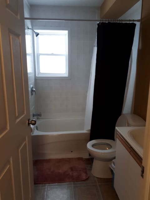 Combined shower/tub, hair dryer, towels, toilet paper