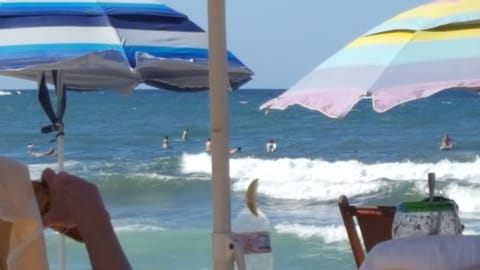 On the beach, sun loungers, beach towels