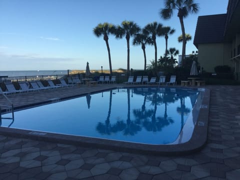 Outdoor pool, a heated pool, sun loungers