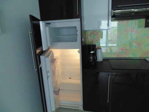 Fridge, stovetop, dishwasher, coffee/tea maker