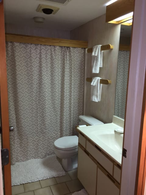 Combined shower/tub, hair dryer, towels, soap