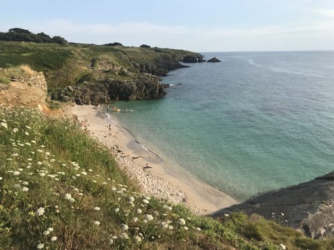 On the beach, sun loungers