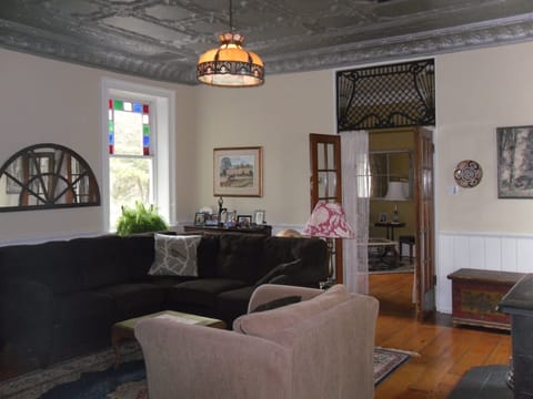 Parlor with original punched tin ceiling and television with ample seating