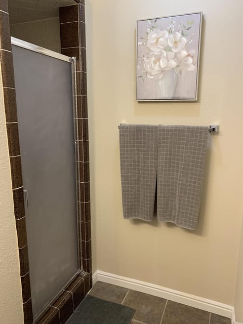 Combined shower/tub, hair dryer, towels, toilet paper