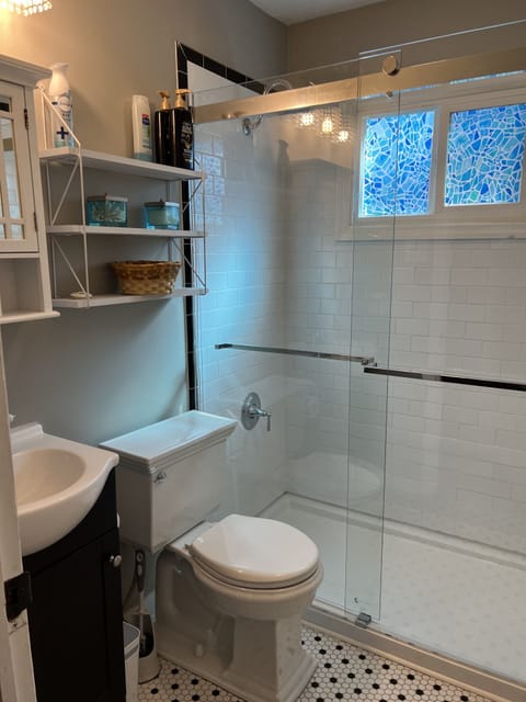 Combined shower/tub, hair dryer, towels, soap