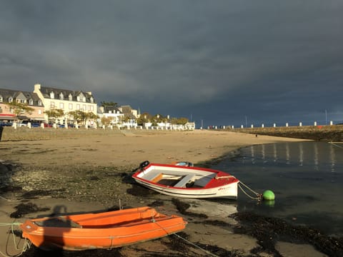 On the beach, sun loungers