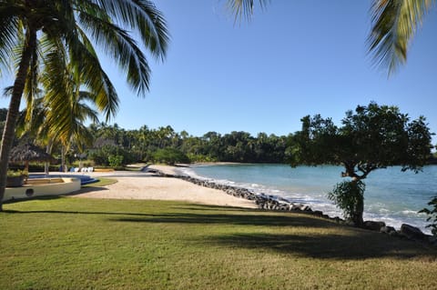 On the beach, sun loungers