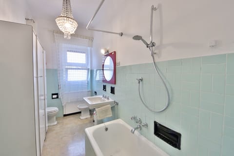 Combined shower/tub, hair dryer, bidet, towels