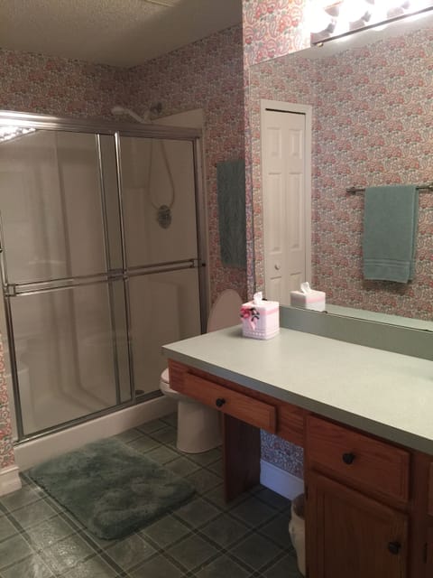 Combined shower/tub, hair dryer, towels, soap